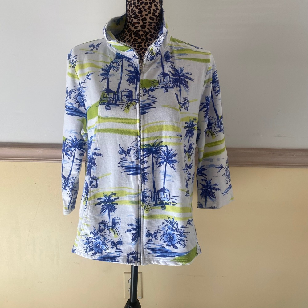 Ongue Casuals Tropical Palm Tree Beach House Full Zip‎ Jacket Women's Large